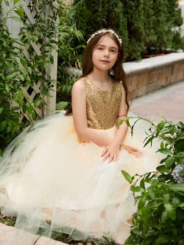 Vestido de princesa/de princesa de tul hasta el suelo para niña de las flores, color champán 