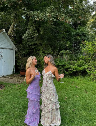 Charming Spaghetti Straps Lavender Chiffon Print Floral Evening Dress Ruffles Long Prom Dress Y8266