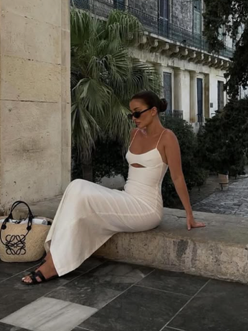 Vestido largo de noche blanco con tirantes finos, estilo formal, modelo Y7201