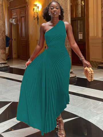 Robe trapèze plissée sans manches à taille roulée, sans manches, à une épaule, sexy, style bal de promo et soirée.