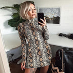 Snake print sexy women winter dress elegant Turtleneck long sleeve bodycon dress Evening club short party dress