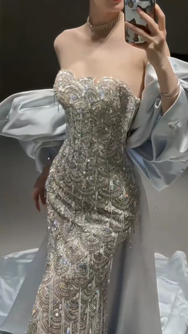 Sparkly Satin Beaded Mermaid Evening Dress Long Prom Dress With Bow Y8330