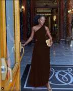 Robe trapèze plissée sans manches à taille roulée, sans manches, à une épaule, sexy, style bal de promo et soirée.