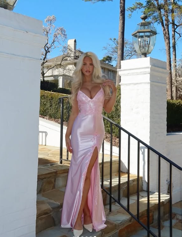 Pink Satin Appliques Mermaid Prom Dress Long Slit Evening Gown Y8263