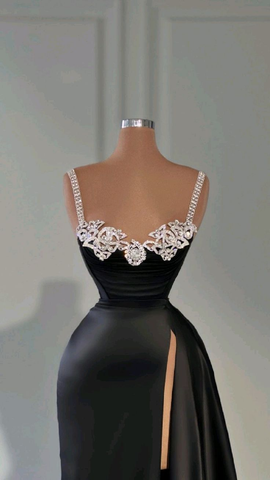 Robe de soirée longue noire élégante avec fente haute Y4356