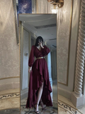 Vestido de noche de corte A con escote en V, asimétrico y manga larga Y4522