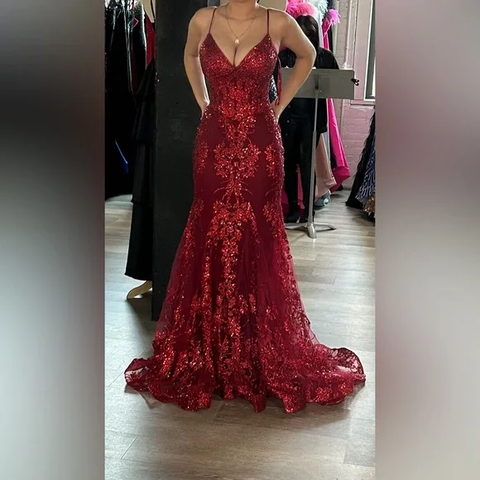 Charming Red Mermaid Lace Appliques Prom Dress,Evening Dress Winter Dance Dress Y4345