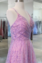 Shiny V Neck Backless Long Purple Prom Dress Backless Purple Formal Graduation Evening Dress Y917
