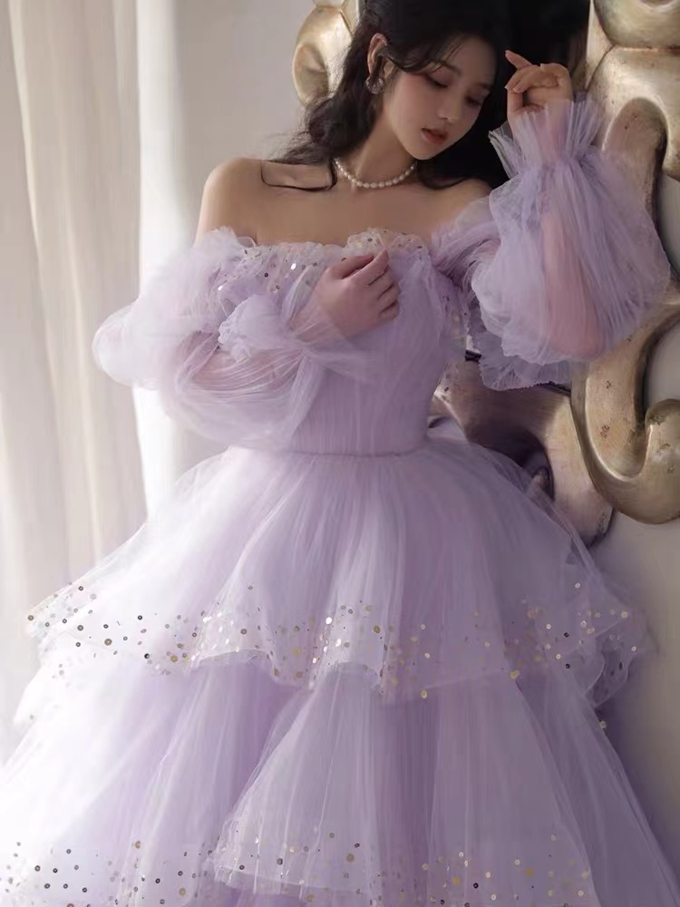 Vestidos de graduación brillantes, vestidos de graduación morados, batas de cóctel, vestidos de graduación con hombros descubiertos, vestidos de graduación de manga larga Y2408