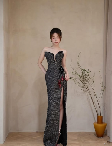 Elegant Black Strapless Slit Mermaid Prom Dress Sequin Beaded Long Evening Dress Y8542