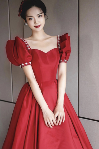 Robe de bal longue en satin bordeaux, robe de soirée trapèze Y1169