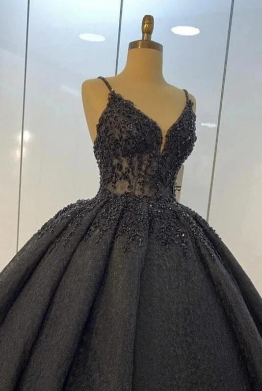 Robe de bal en dentelle noire pour mariage, robe de soirée à fines bretelles S22981