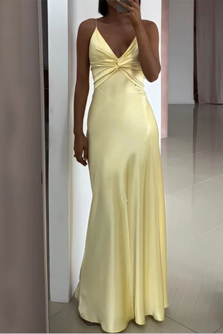 Simple Yellow V Neck Satin A Line Prom Dress Evening Dress Y8551