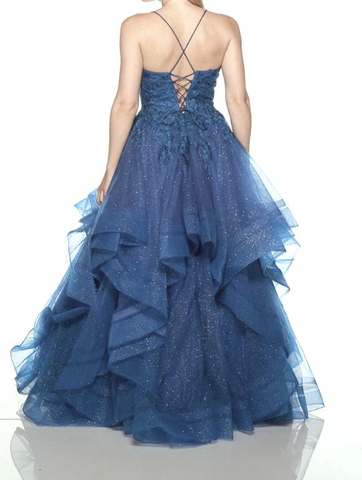 Vestido largo de fiesta azul brillante con escote en V, apliques de tul y lentejuelas, tirantes finos, modelo Y8051