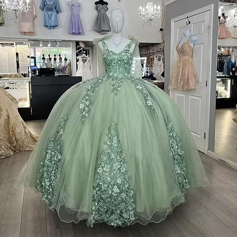 Vestido de quinceañera estilo espagueti con apliques de encaje para mujer, ideal para fiestas de 15 y 16 años (modelo Y3038)