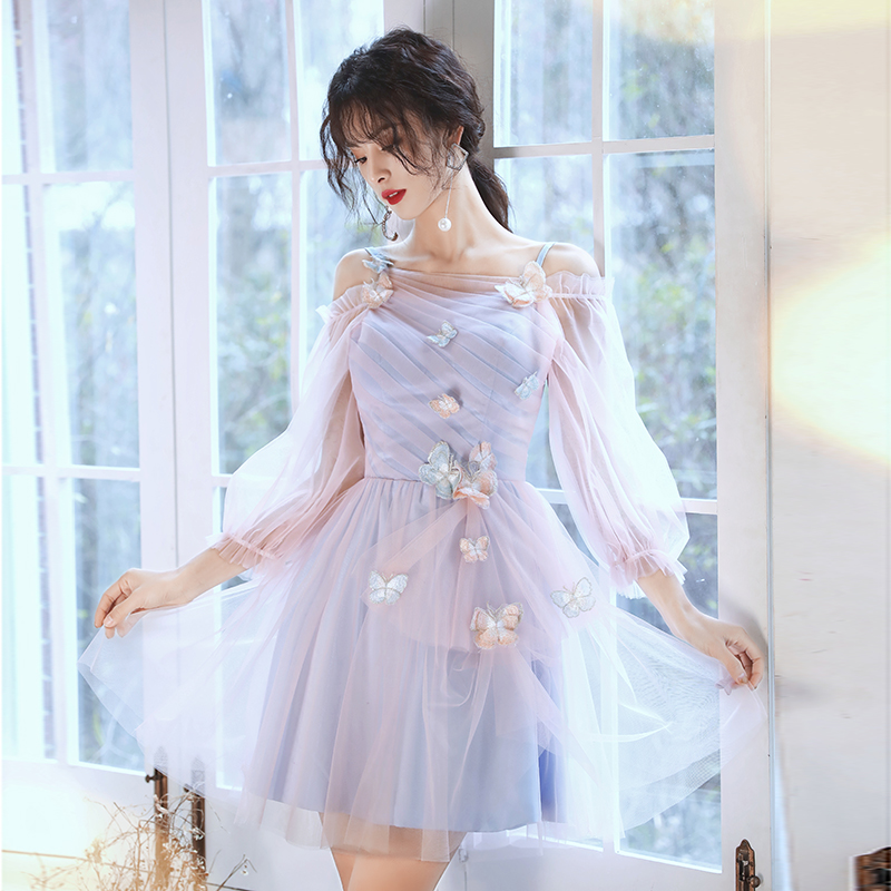 Adorable vestido corto de fiesta rosa y azul con mariposa. Lindo vestido corto para baile de bienvenida Y2742
