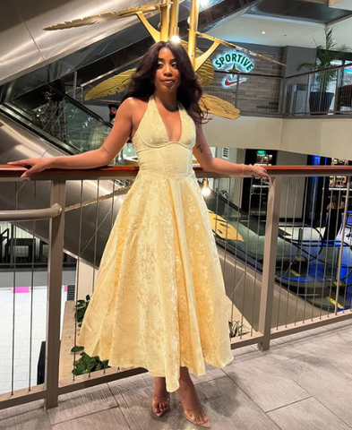 Sexy Halter Deep V Evening Dress Yellow Satin Print Prom Dress Y8249