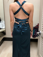 Vestido largo de noche formal para mujer, color verde azulado, con tirantes en la espalda, de satén, sin mangas, modelo Y2928