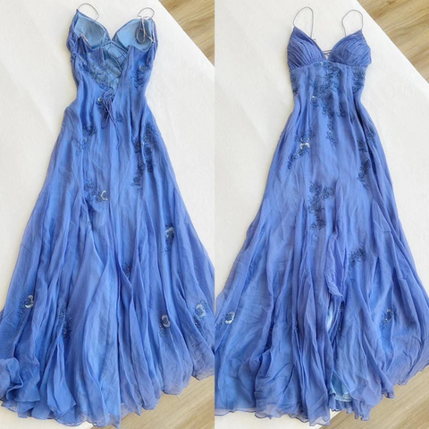 Classy Spaghetti Straps Blue Chiffon Long Prom Dress Party Evening Dress Y7457