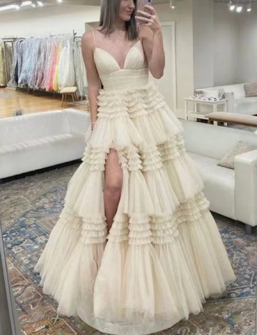 Champagne A-Line Spaghetti Straps Ruffles Formal Evening Dresses Long Prom Dress Y6801
