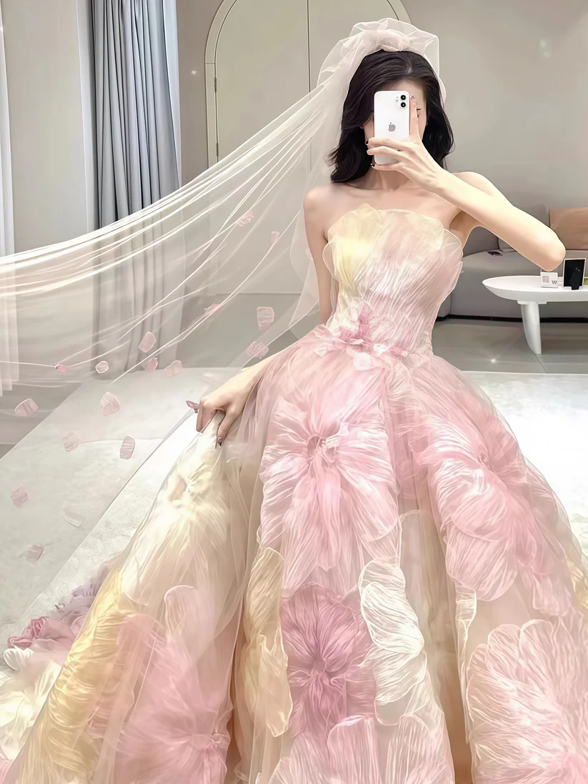 Vestido de gala floral de princesa de ensueño, vestido de noche de corte A sin tirantes, vestido de novia Y8289