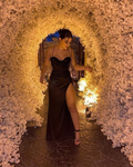 Robe de soirée fourreau noire élégante avec fente, robe de gala noire Y6257