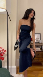 Vestido ajustado sin tirantes azul marino, sencillo, de noche Y6316