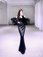 Robe de bal sirène noire simple, robe de soirée longue en satin Y6416