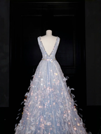 Vestido de noche de corte A, corte glamuroso, con escote en V, tul, cuentas y plumas, modelo Y8682