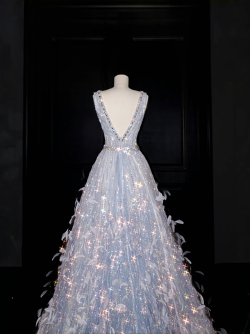 Glamorous V Neck Tulle Beaded Feathers A Line Prom Dress Evening Dress Y8682