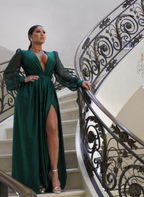 Vestido de fiesta largo verde con escote en V, manga larga y abertura, estilo sexy, modelo Y5050