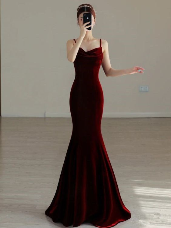 Robe de soirée sirène élégante en velours rouge, robe de bal longue Y7824