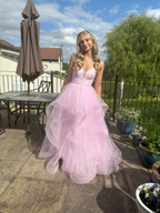 Robe de bal rose brillant en tulle à volants, coupe trapèze, bretelles, Y7932