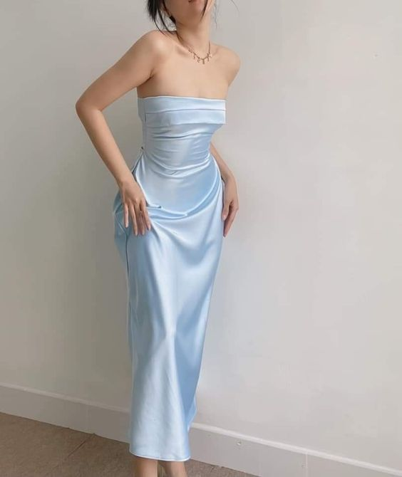 Elegante vestido de fiesta azul sin tirantes, corte tubo, vestido de noche azul Y6420