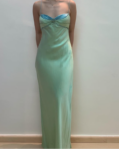 Vestido de noche de fiesta con tirantes finos, satén verde y cuentas, modelo Y7757