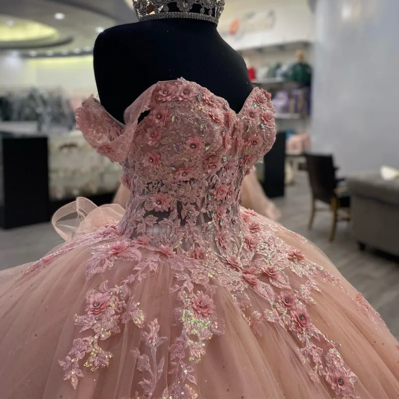 Vestido de gala con apliques rosas brillantes, vestido de princesa rosa Y2341
