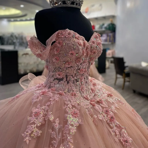 Robe de bal rose pailletée à appliques, robe de princesse rose Y2341
