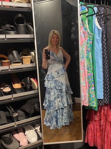 Gorgeous Blue Sleeveless V-Neck Lace Ruffle Tiered Evening Dress Formal Prom Dress Y8460