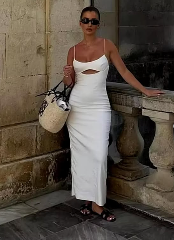 Vestido largo de noche blanco con tirantes finos, estilo formal, modelo Y7201