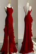 Robe de soirée sirène simple à volants, bretelles spaghetti, dos nu, modèle Y5651