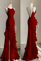Robe de soirée sirène simple à volants, bretelles spaghetti, dos nu, modèle Y5651