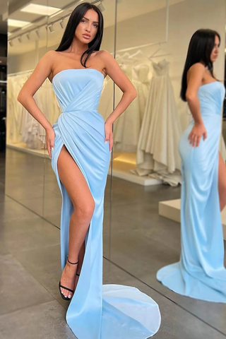 Robe de soirée sirène longue bleu clair sans bretelles et fendue Y370