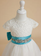 Vestido de niña de las flores color marfil, corte en A, de organza de encaje, hasta el tobillo 
