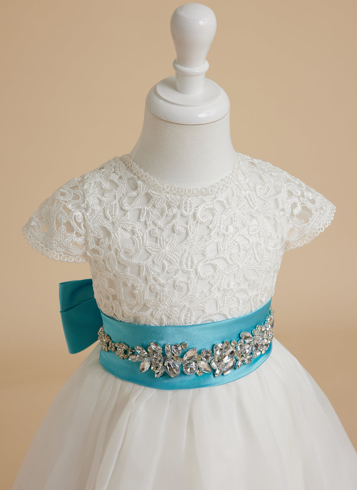 Vestido de niña de las flores color marfil, corte en A, de organza de encaje, hasta el tobillo 