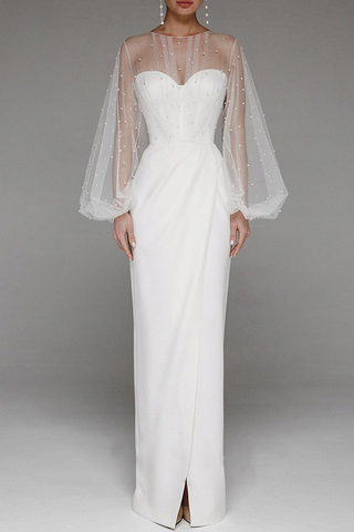 Vestidos de noche sin tirantes con abertura, cuentas y malla, elegantes y lisos, de celebridades 