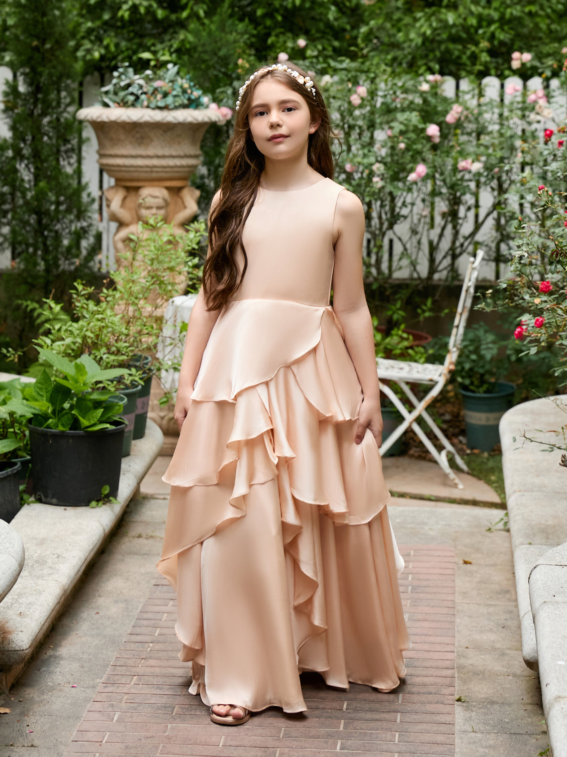 Vestido de niña de las flores de corte A, de gasa color melocotón claro hasta el suelo 