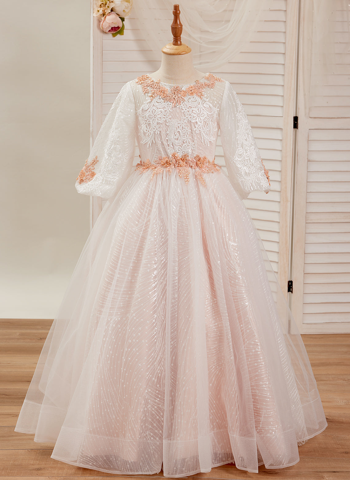 Vestido de baile/princesa de encaje y tul rosa hasta el suelo (2003227890) 
