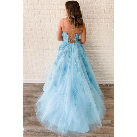 Robe de bal longue trapèze en tulle bleu ciel avec appliques 