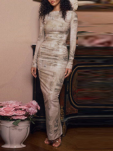 Vestidos largos de noche ajustados de manga larga con estampado, espalda con abertura, escote redondo y abertura lateral. 