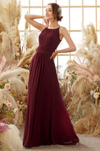 Robe de demoiselle d'honneur élégante en mousseline bordeaux